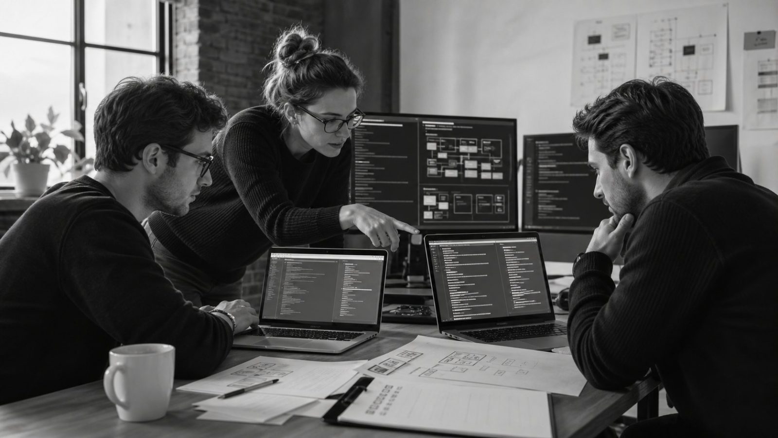 Ein Entwicklungsteam arbeitet gemeinsam an einem KI-gestützten Software-Workflow