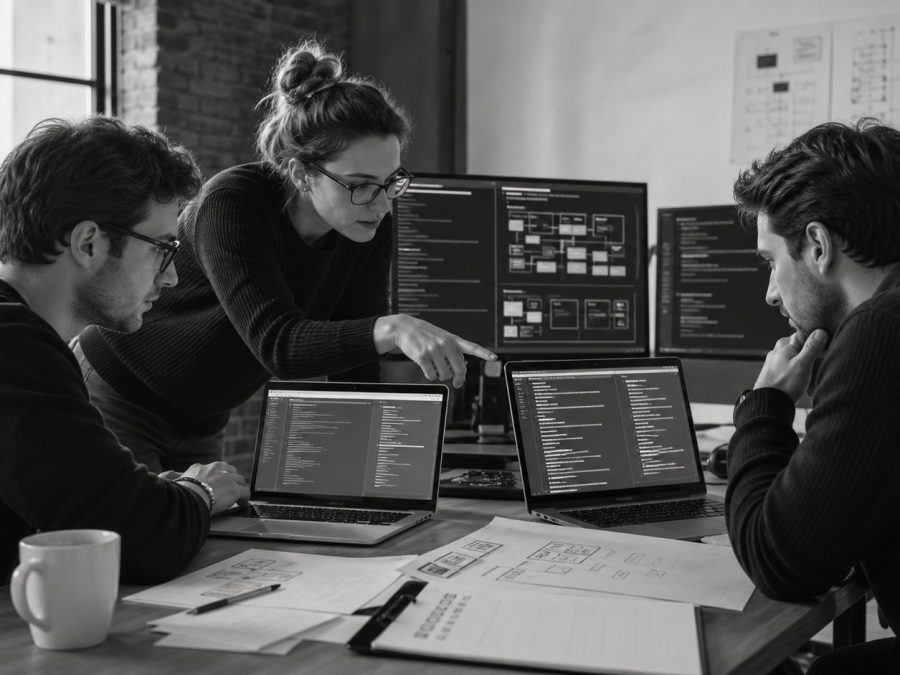 Ein Entwicklungsteam arbeitet gemeinsam an einem KI-gestützten Software-Workflow